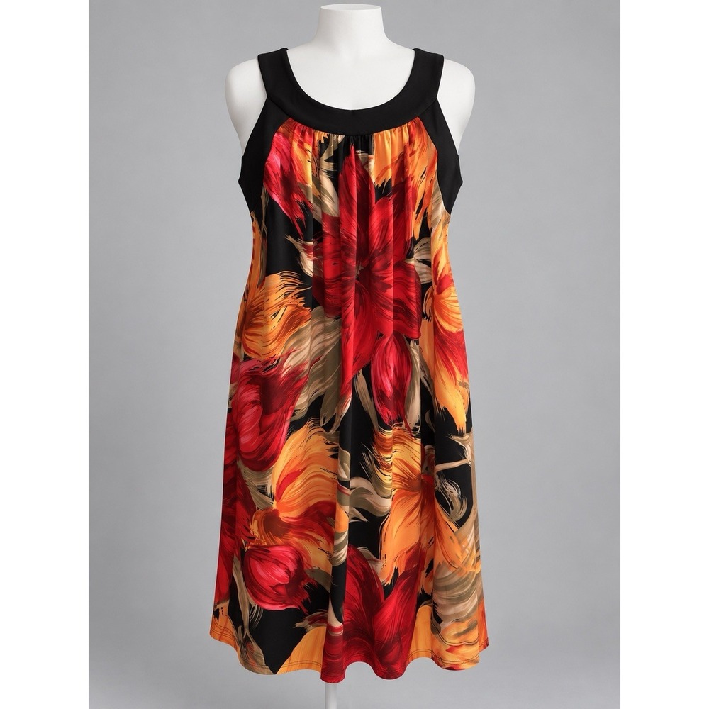 dressbarn Women's L Black/Red/Orange Floral Sleeveless Scoop Neck Knee Dress